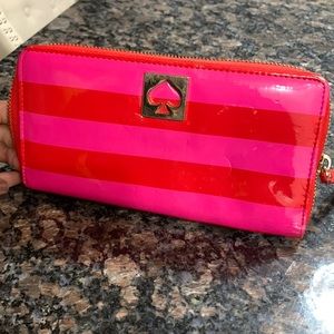 Kate Spade Pink/Red Striped Logo Long Zip Wallet